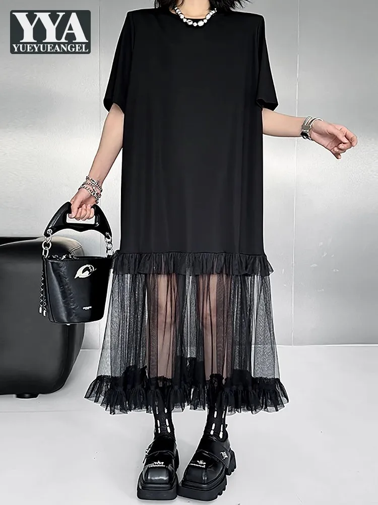 

Женское летнее длинное платье с круглым вырезом в стиле пэчворк, сетчатое готическое платье-пуловер с коротким рукавом, однотонное свободное уличное повседневное платье