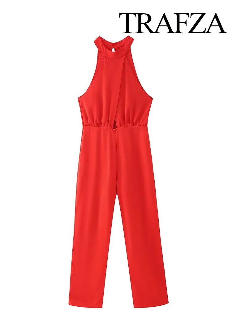 TRAFZA Women Fashion Solid Color High Waist Wide Leg Jumpsuit Female Chic Halter Neck Sleeveless Slim Casual Holiday Jumpsuit