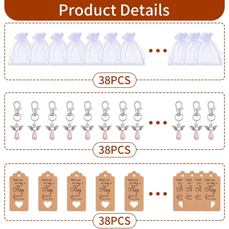LLavero de Ángel con etiquetas Kraft de agradecimiento para Baby Shower, recuerdo de despedida de soltera, abalorio de boda, 38 piezas