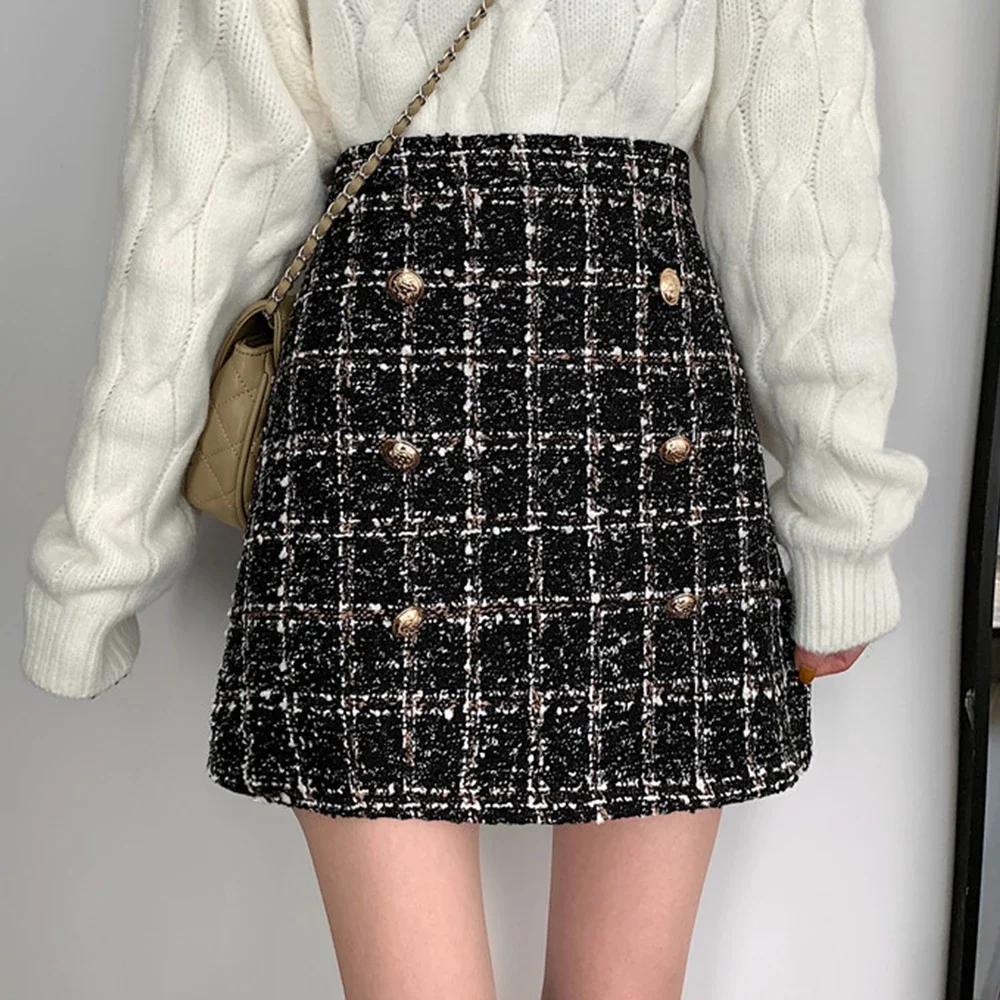 

Women's Tweed Skirt with Front Gold Button Textured High Waist Glittery Mini Skirt Autumn Winter Classic Outfit B181