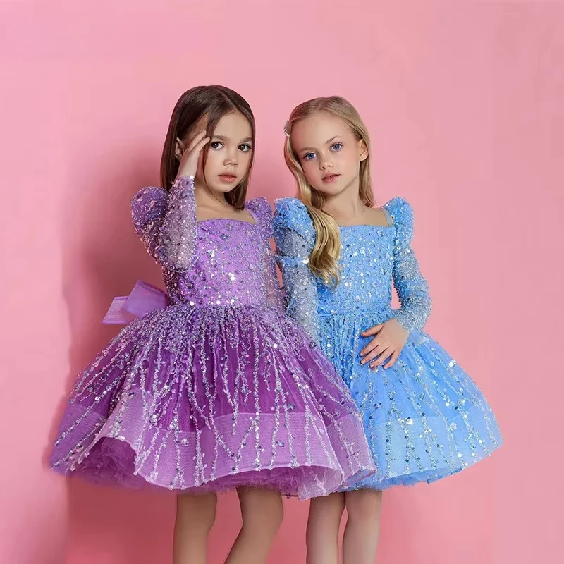 Girls Sequin Mesh Long Sleeve Birthday Party Dress Baby Girl Opening Childrens Dress Cute Kids Clothes Ceremony Prom Gown New