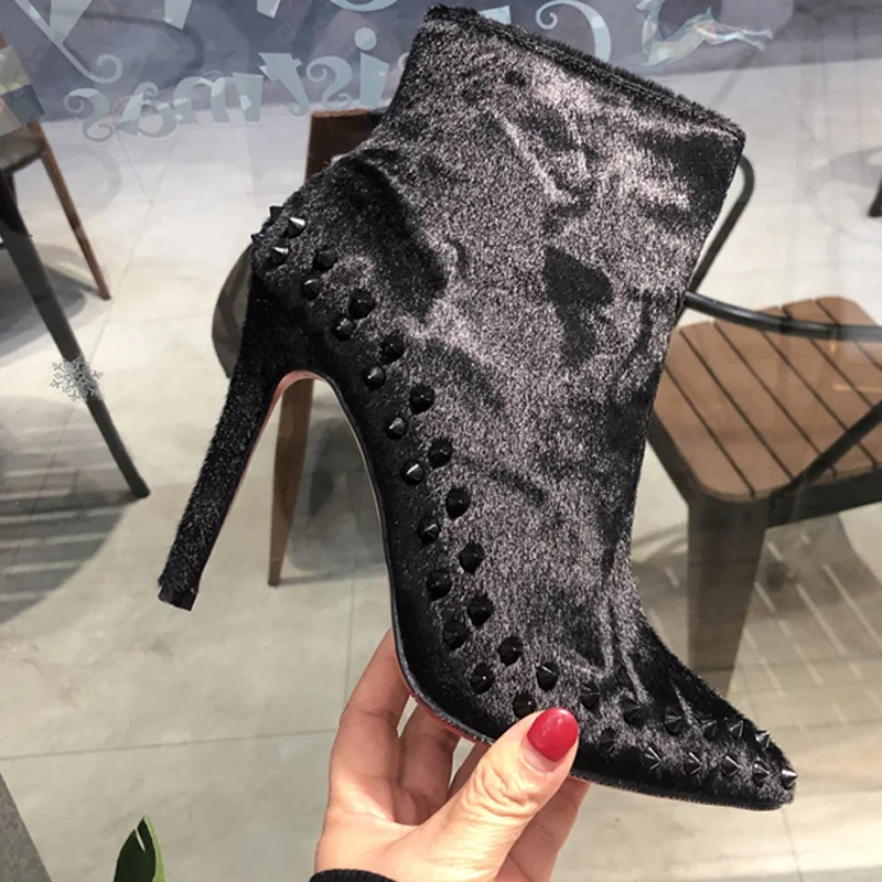 Newest black horsehair rivets studs Ankle Boots Women Stiletto high Heel  Pointed Toe Boots Sexy Banquet dress Shoes