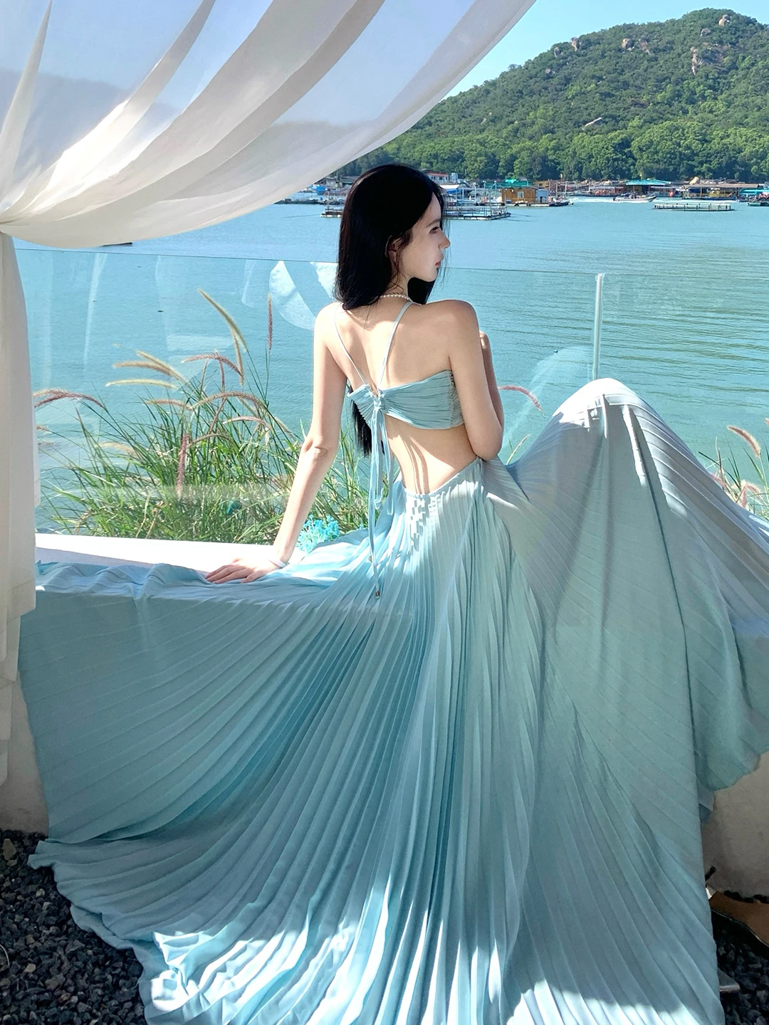 

Сексуальная синяя юбка с поясом Dr Beach Vaion Island Photooot, длинное платье с высокой талией, плиссированное летнее женское платье без све...