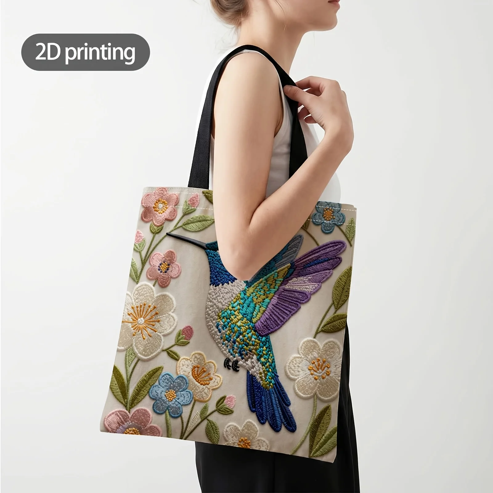2D Printed Handbag with Hummingbird Among Flowers Pattern, Reusable Fashion Shoulder Bag Shopping Tote Bag Suitable for Shopping