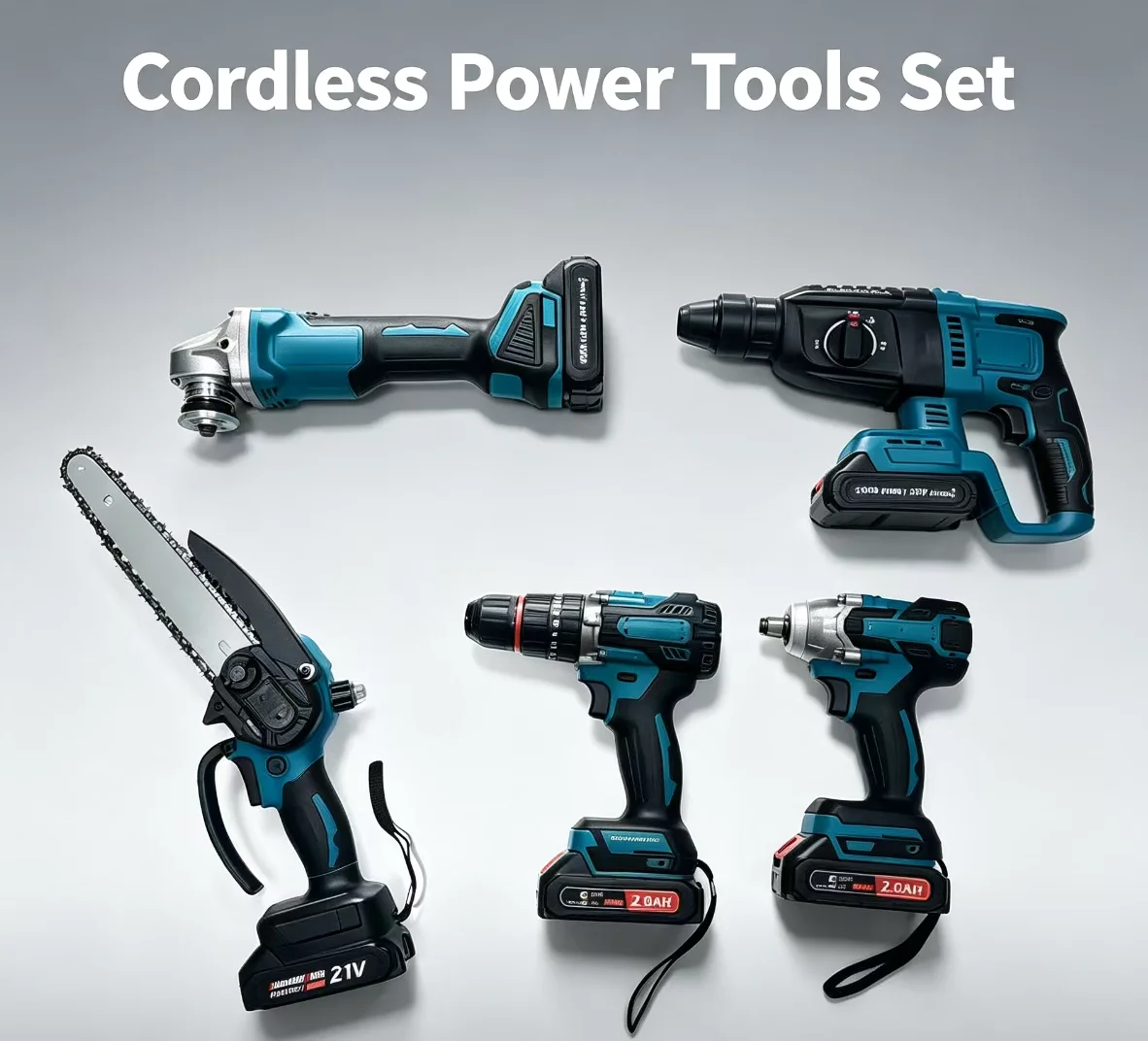 Cordless 5-pc Tool Kit, Electric Drill, Wrench, Chainsaw, Angle Grinder, Hammer Drill, Household Tool Kit Case(exclude Battery)