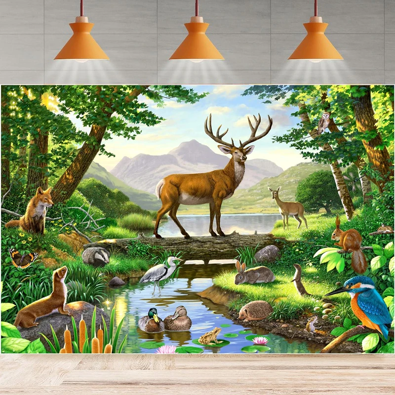 Woods Animals Deer by Lake Scenic Photography Backdrop Large Poster Studio Background Party Home Decor Banner Photobooth Prop