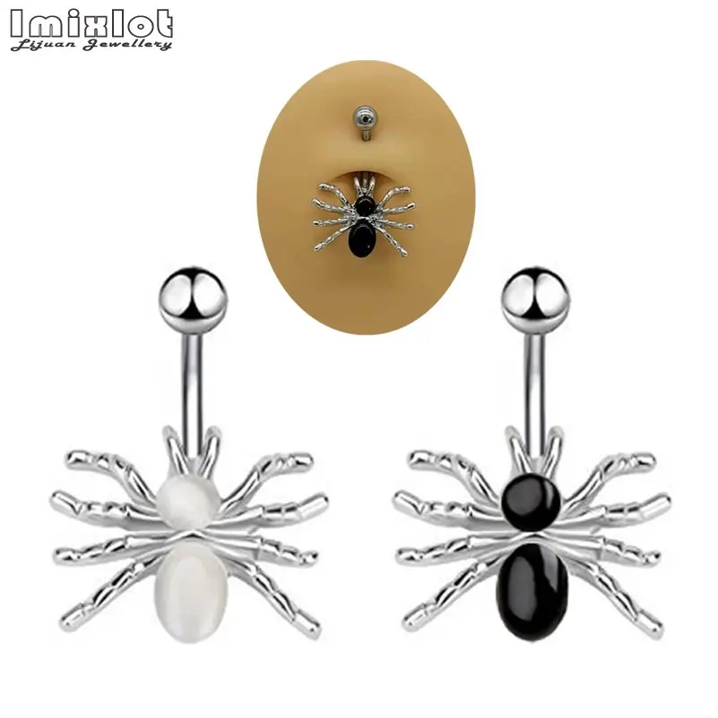 Piercing pour le nombril en acier inoxydable, 1 pièce, blanc, noir, araignée, nombril, haltère, anneau, corps, bijoux