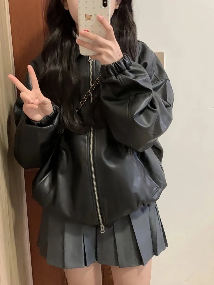 Black Vintage PU Leather Jacket Women High Street Fashion Zipper Leather Jacket Female 2025 Summer Streetwear Loose Casual Coat