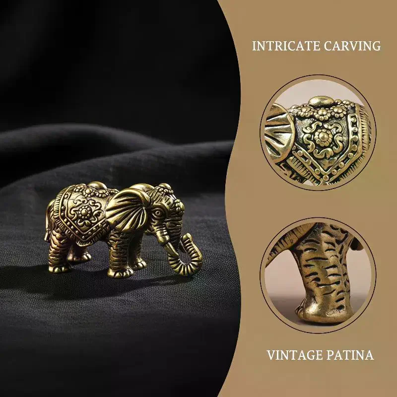 Mini Brass Auspicious Elephant Figurine Vintage Lucky Statue Desktop Decor for Tea Room Meditation Space