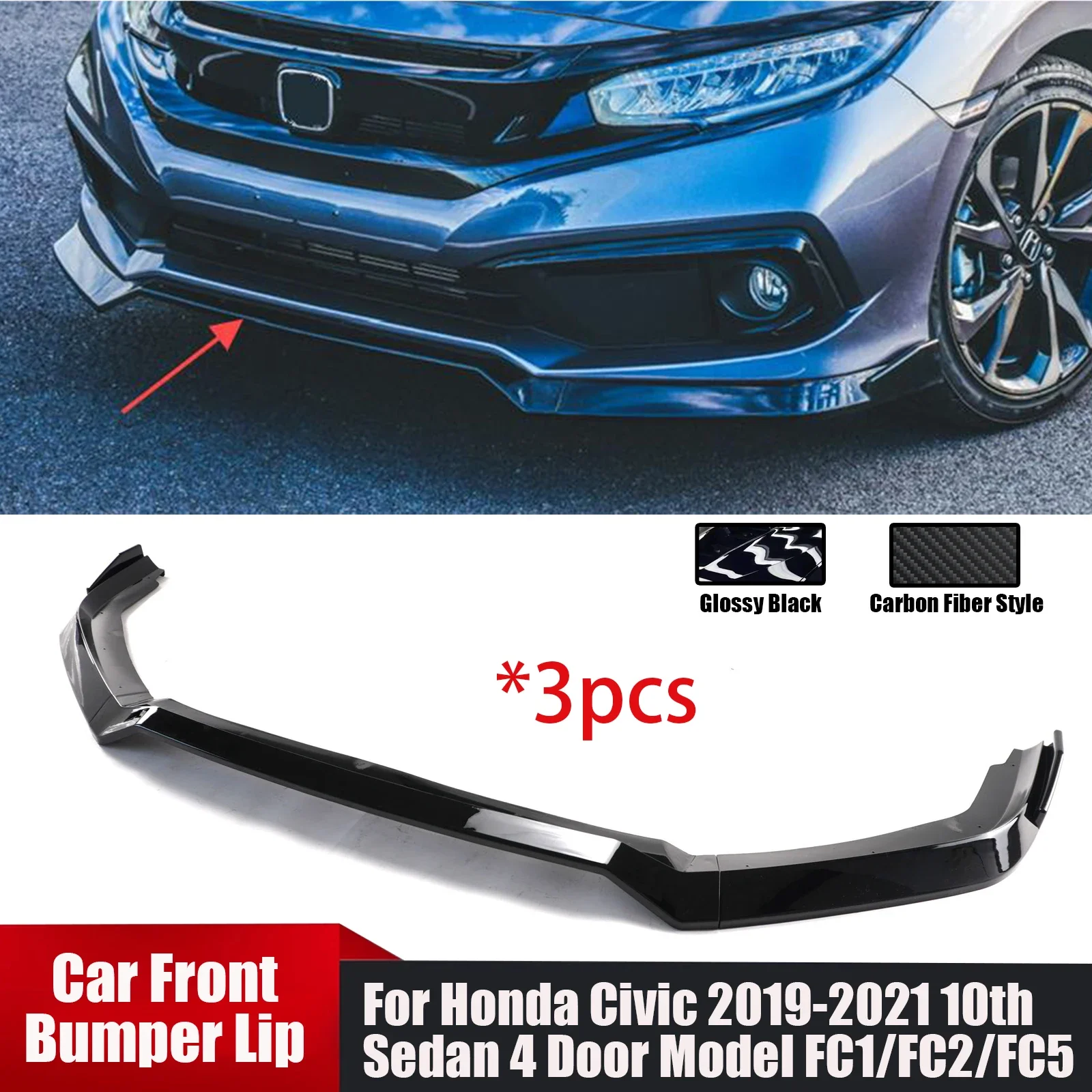 3PCS Car Front Bumper Lip For Honda Civic 2019-2021 10th Sedan 4 Door Model FC1/FC2/FC5 Spoiler Diffuser Splitter Glossy Black