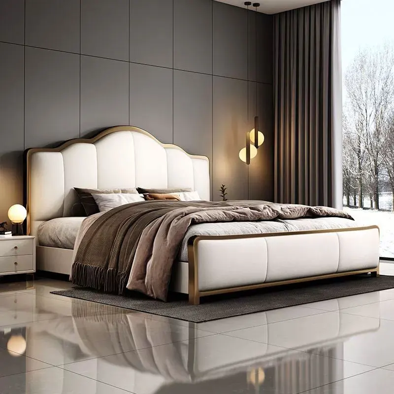 #Italian Style Luxury Double Bed New Leather Soft Padded Master Bedroom Bed Modern Large Simple and High-End Wedding Bed