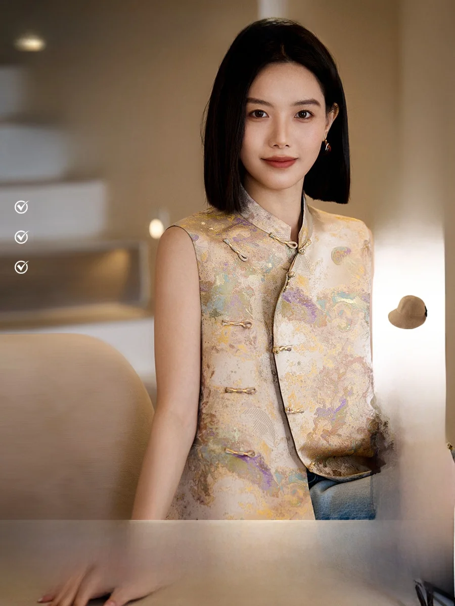 

New Chinese Style Gradient Silk Blend Women's Vest Spring 2026 Xhange Hall Star River Dreaming Traditional National Fashion