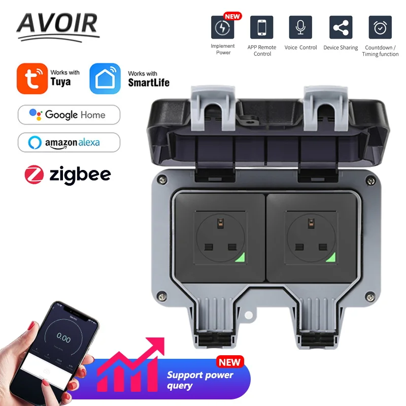 

Avoir Tuya Zigbee Outdoor Electrical Outlet UK Plug IP66 Waterproof Socket Wifi Connected Smart Life Work With Alexa Google Home