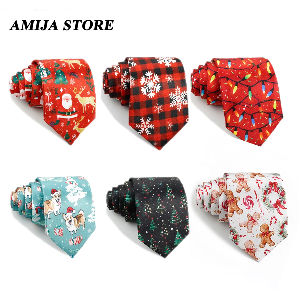 Men Women 8cm Christmas Tie Imitation Silk Snowflake Elk Tree Santa Claus Print Party Business Casual Fashion Tie Christmas Gift