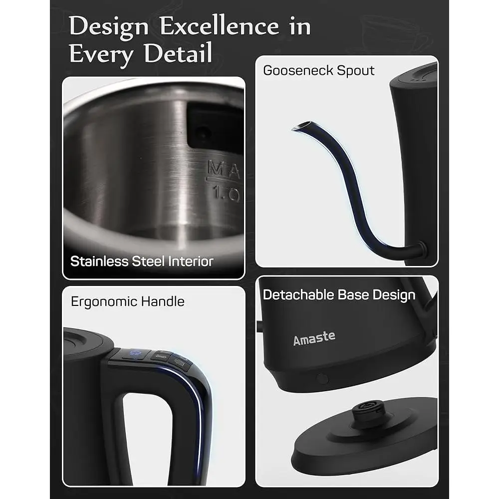 Chaleira elétrica pescoço de ganso com controle de temperatura despeje sobre café e chá 304 aço inoxidável ferver rapidamente desligamento automático