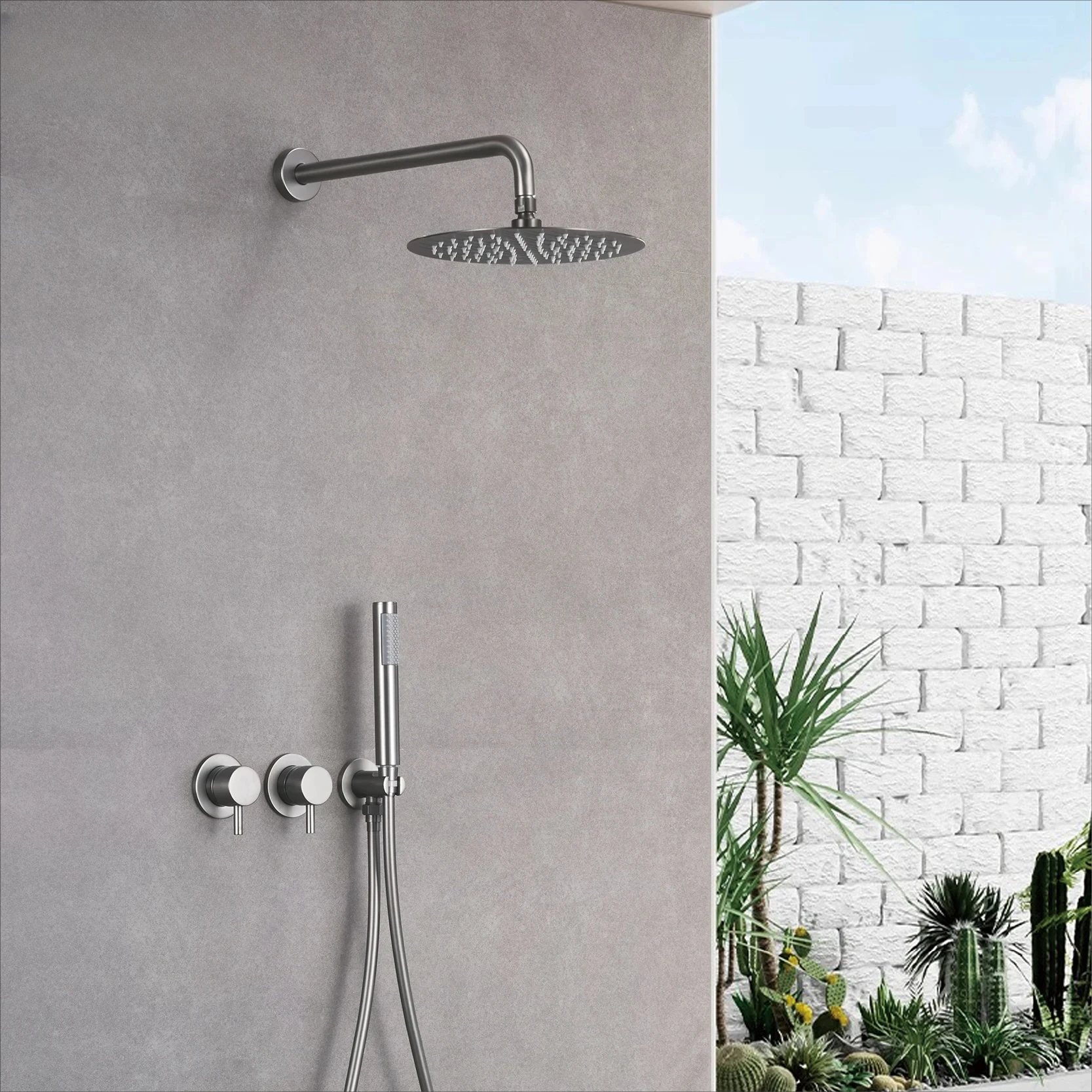 

Luxury brass gun gray wall mounted shower head system with minimalist design, dual handle hot and cold water bathroom faucet