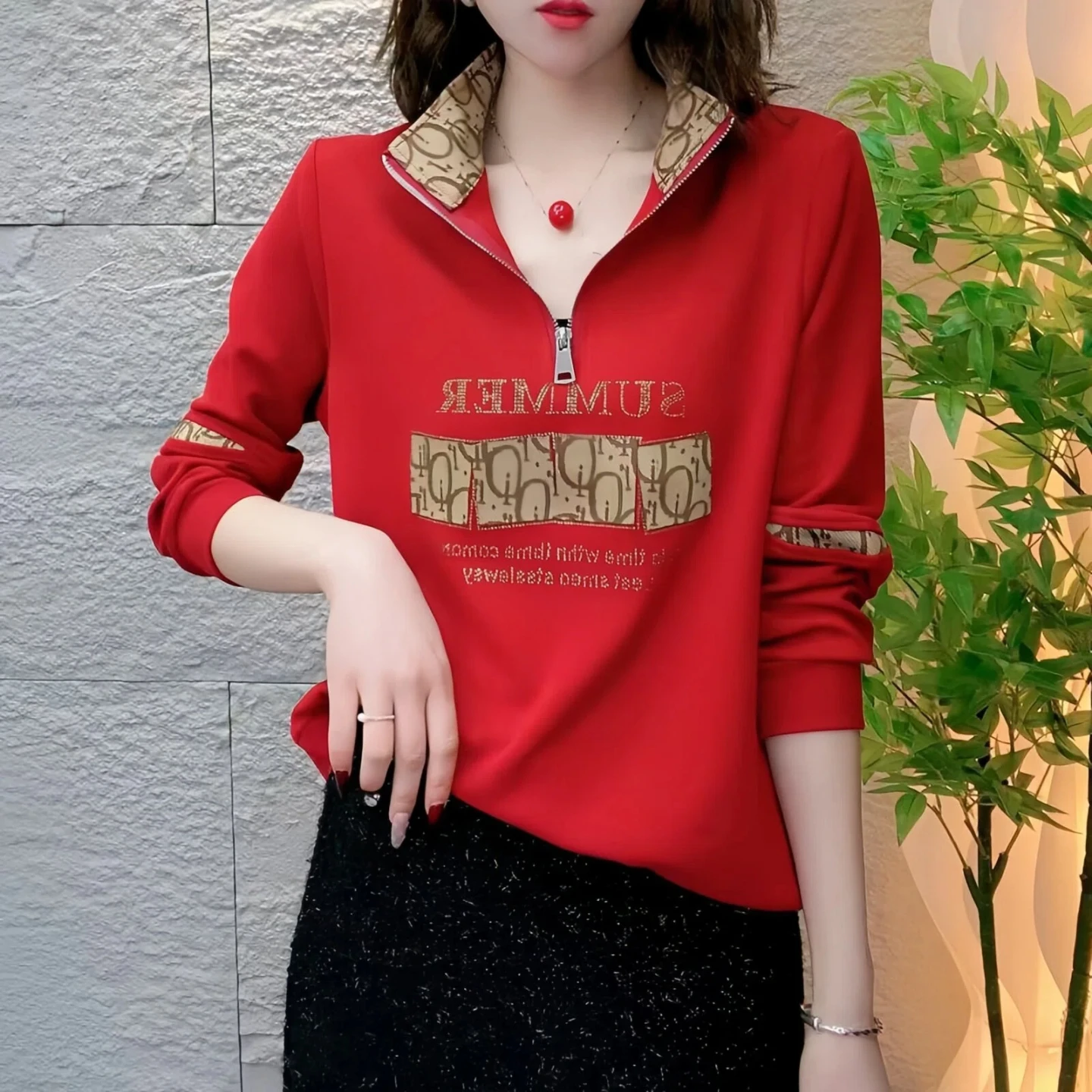 Casual Cotton Long Sleeve T-Shirt for Women Glitter Letter Design Zipper Closure Mommy Fashion Spring Autumn Versatile Comfor...