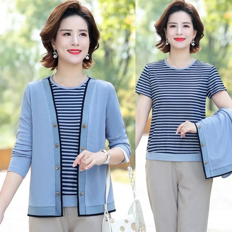 Middle-Aged Women\'s Cardigans 2PCS Spring Autumn Knitted Sweater New Two-Piece Set Fashion Stripe Pullover T-Shirts Mother Suits