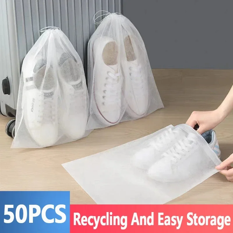 Housses Anti-poussière pour chaussures portables, Non tissées, Anti-poussière, sac de rangement transparent avec cordon de serrage, Anti-jaune et blanc