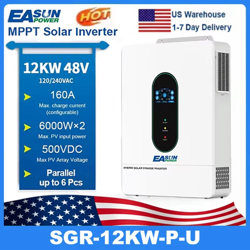 

EASUN POWER 12KW 12000W Hybrid Soalr Inverter MPPT160A 500VDC PV Input 110VAC 48VDC Pure Sine Wave hybrid dual output With WIFI 120V/220V parallel solar charging control for US