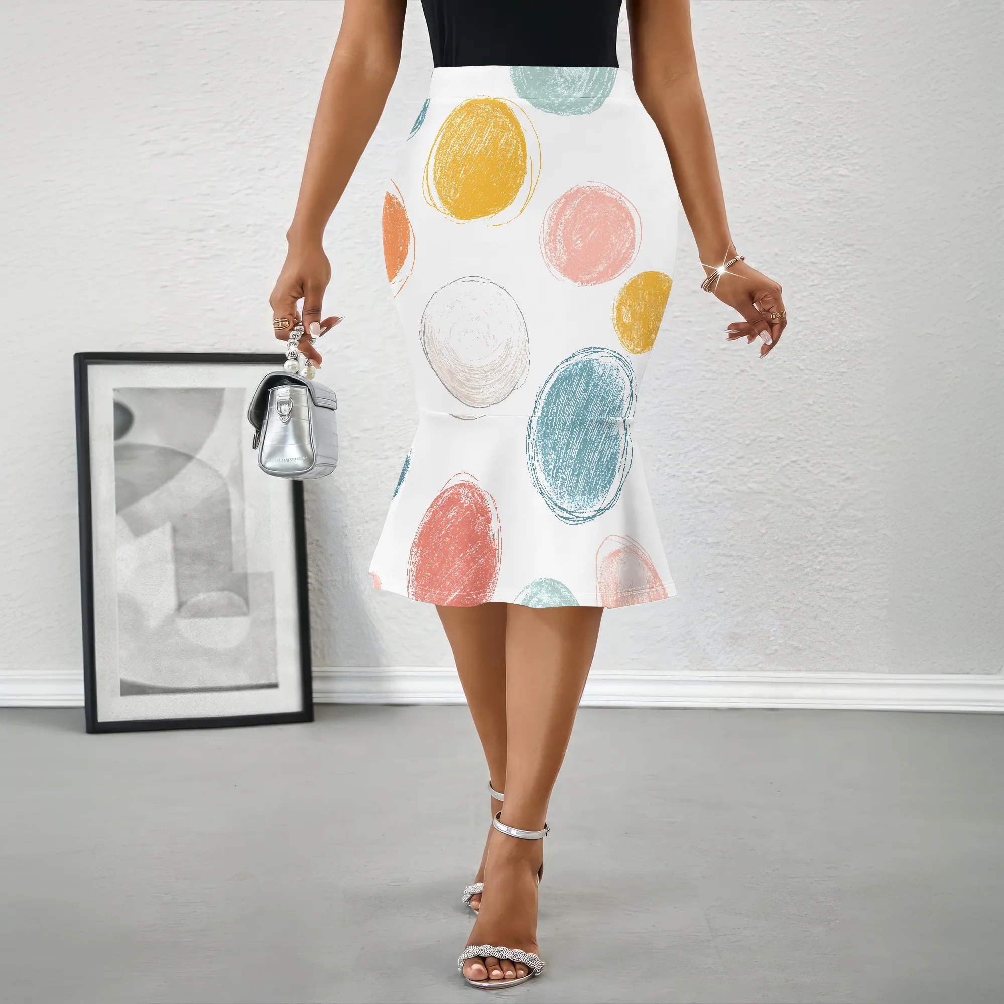 

Colorful Dots Midi Skirt, Hand Drawn Circles Pencil Skirt, Abstract Art Print A-Line Skirt for Women Office Party S-2XL