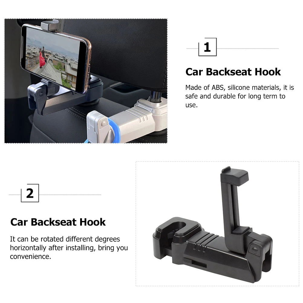 

Car Headrest Hook ABS Silicone Back Seat Hanger Multifunctional Travel Phone Holder Rotatable Space Saving Stable Long Term