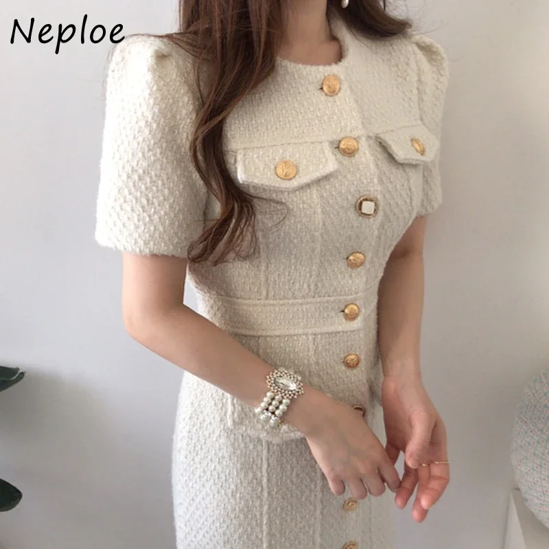 Temperamento francese Girocollo Robe Femme Chic Fibbia in metallo Slim Abiti Mujer Manica corta Tweed Abito aderente Donna
