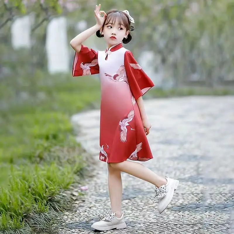 

Детское платье Cheongsam, лето 2024, новая детская улучшенная красная юбка в китайском стиле с принтом, платье Qipao Hanfu для девочек LH600