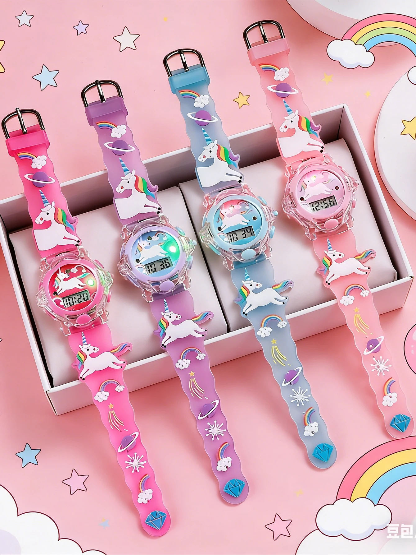 Lindo reloj digital para niños con diseño de unicornio y arcoíris, reloj de pulsera con correa de silicona de dibujos animados con luz, resistente al agua, para niñas, perfecto