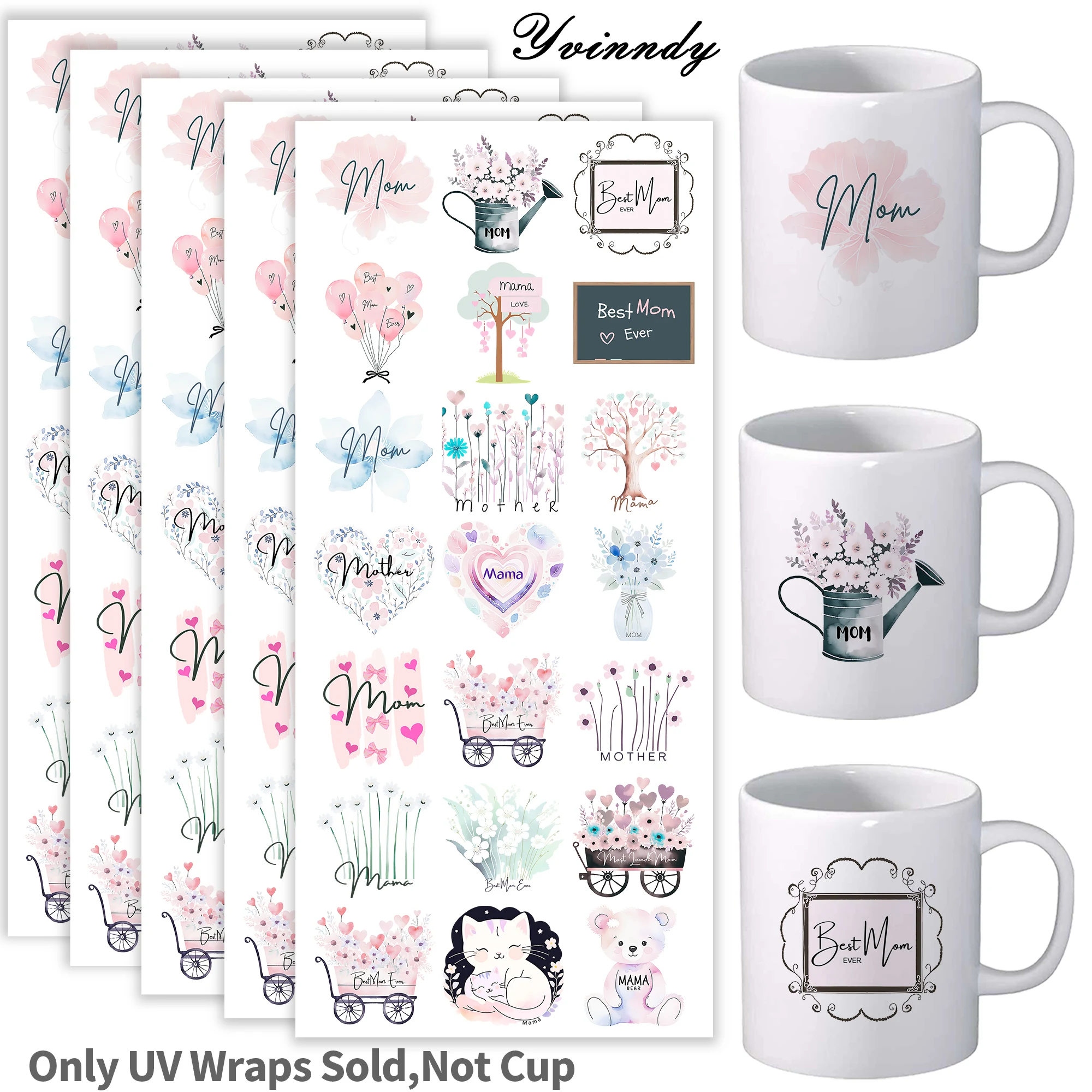 105Pcs/Set Beautiful Mother's Day Illustrations UV DTF DIY Craft Kits with Crystal Label 16oz Glass Jars Wrap Stickers