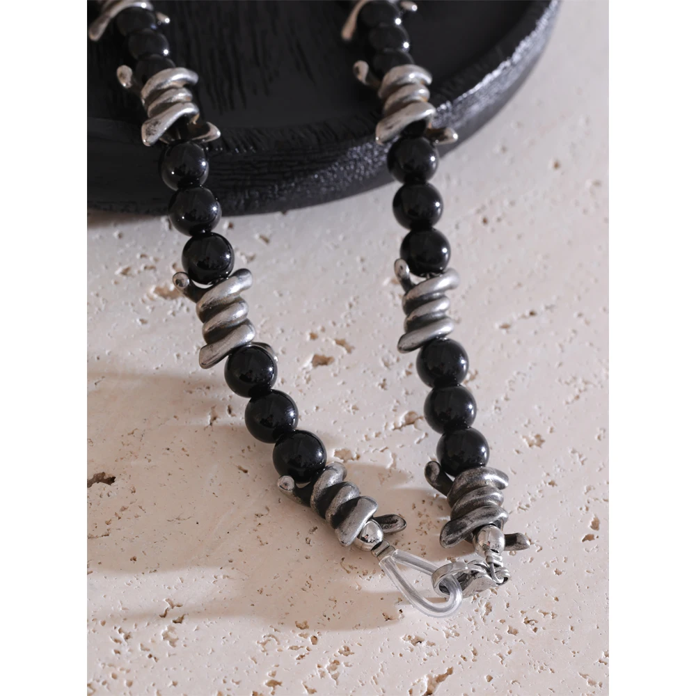 Yhpup 50cm 2025 Vintage Stainless Steel Black Artificial Stone Beads Chain Retro Necklace Unisex Men Handmade Jewelry