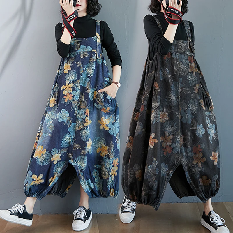 

Джинсовые брюки с художественным цветочным принтом, женская одежда большого размера, брюки-фонарики с манжетами, комбинезоны, двусторонняя одежда, выцветший эффект