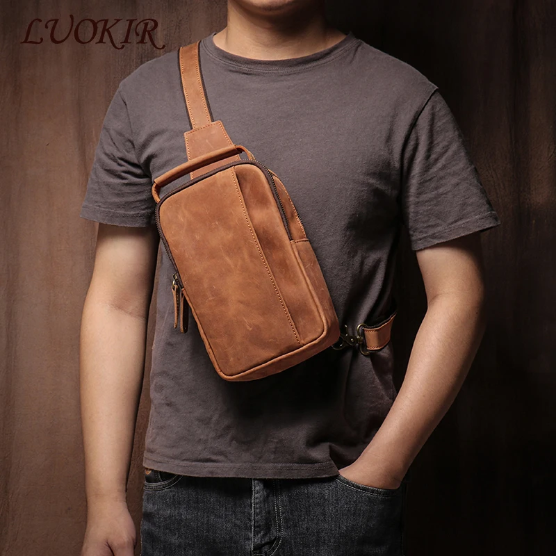 LUOKIR Real Leather Chest Bag For Men Vintage Shoulder Messenger Sling Bag Casual Crazy Horse Cowhide Luxury Designer Handbag