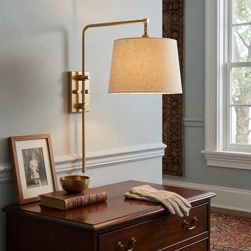 

Modern Brass Wall Sconce Swing Arm Bedside Reading Lamp Nordic Linen Shade Designer Hotel Projects Swing Arm Sconce Fixture