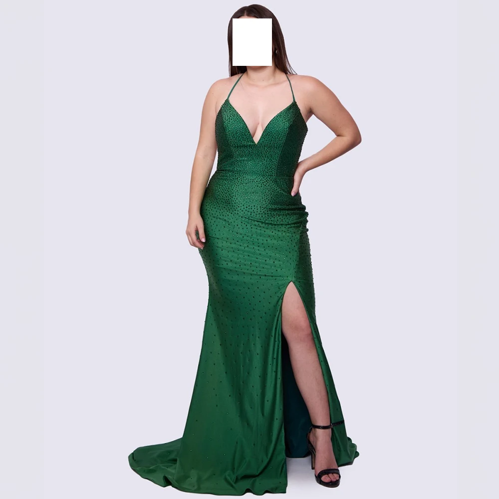 

CustomizedSexy Spaghetti Strap Green Lace Up Back V-Neck Evening Dress Sweep Train Beading Vestido De Festa Party Dress Saudi Ar