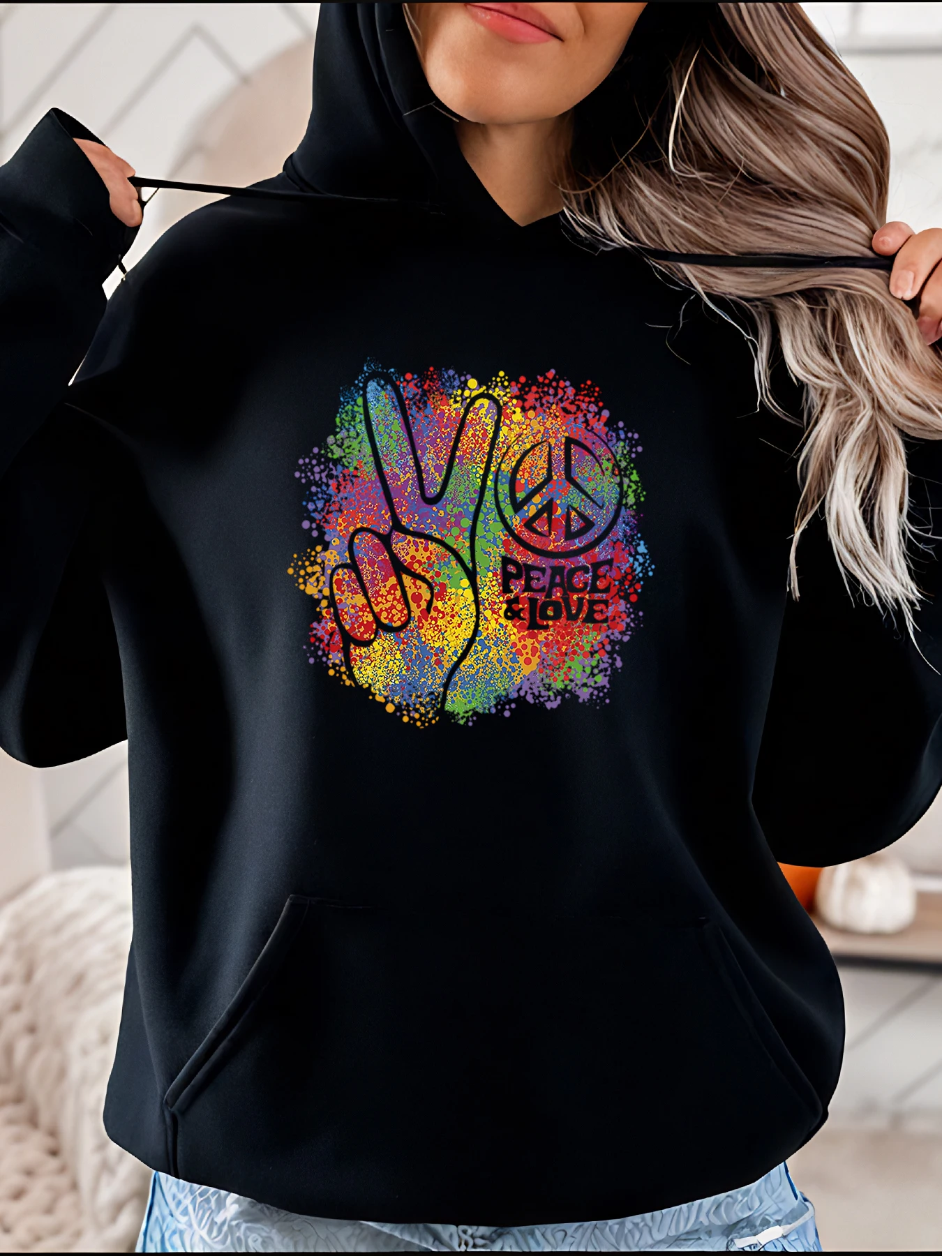 Peace & Love パーカー レインボー ピースサイン プリント カジュアル スウェットシャツ レディース ファッション ストリートウェア ユニセックス プルオーバー トップ
