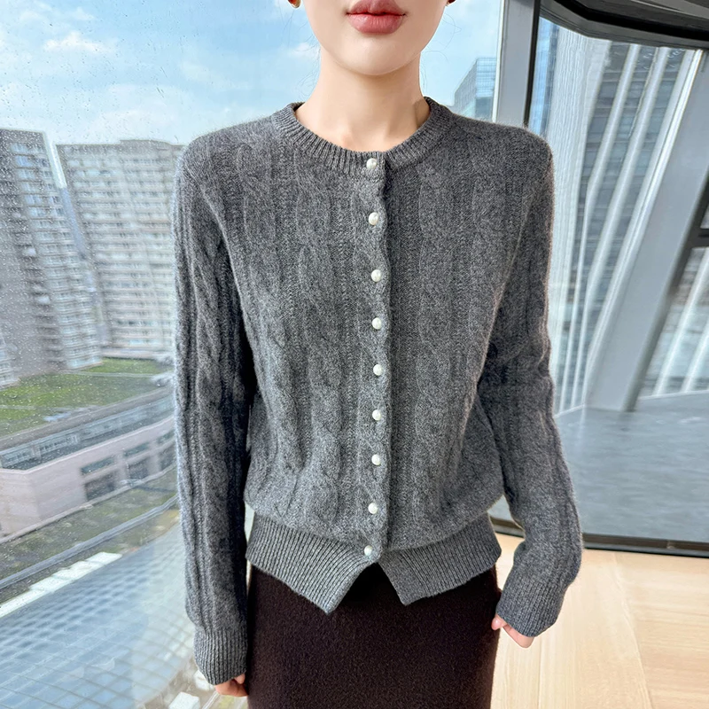 Autumn And Winter New 100% Pure Wool Cardigan Women's Hooded Zipper Color Matching Coat Loose Slim Knit Sweater