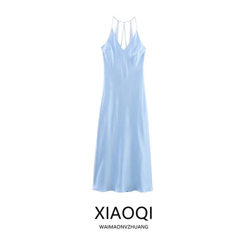 فستان ميدي نسائي جديد لصيف 2025، مصنوع من حرير الساتان، بدون حمالات، بتصميم أنيق للتنقل اليومي، بدون أكمام، مصنوع من مواد أخر...