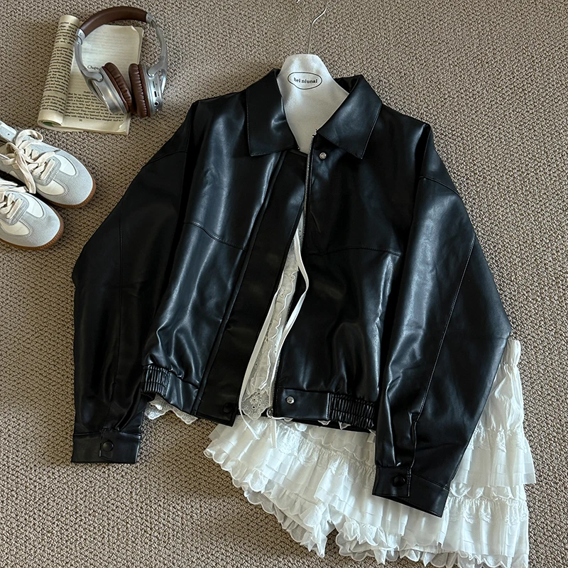 패션 여성 가죽 자켓 레트로 턴 돈 칼라 지퍼 루즈 탑 가을/겨울 방풍 오토바이 소프트 PU 겉옷