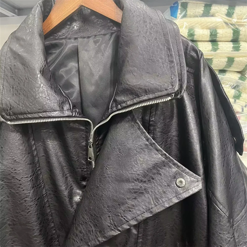 Nova moda feminina casual lapela manga comprida zíper decoração solta e versátil jaqueta de couro