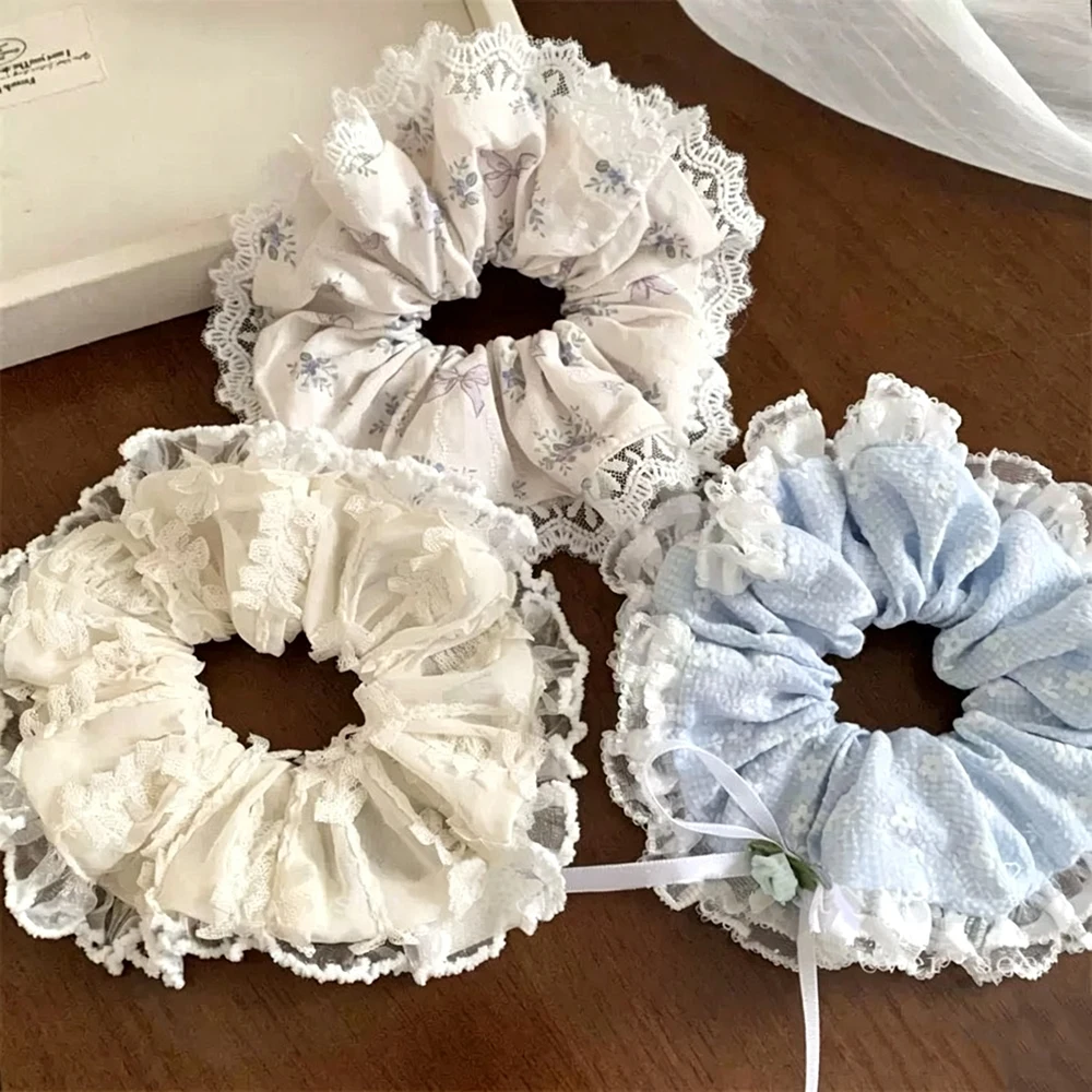 1/3pcs Vintage Floral Lace Frill Big Scrunchies Soft Pastel Cloth Hair Ties with Bow Ribbon Cute Hair Accessories for Teen Girls