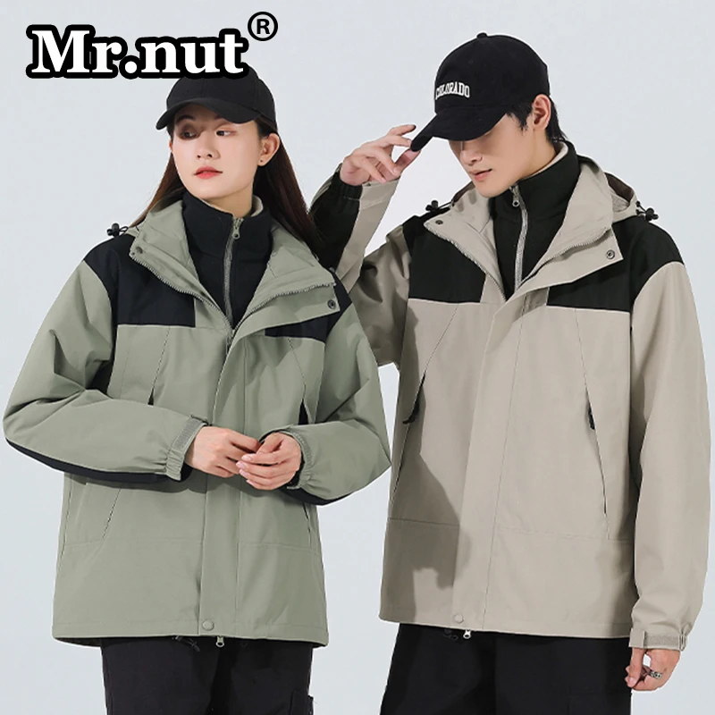 Mr.nut Outdoor 3-in-one Jacket Trendy Color Loose Hooded Windproof Waterproof Jacket 2 Piece Set Camping Thermal Climbing Suit