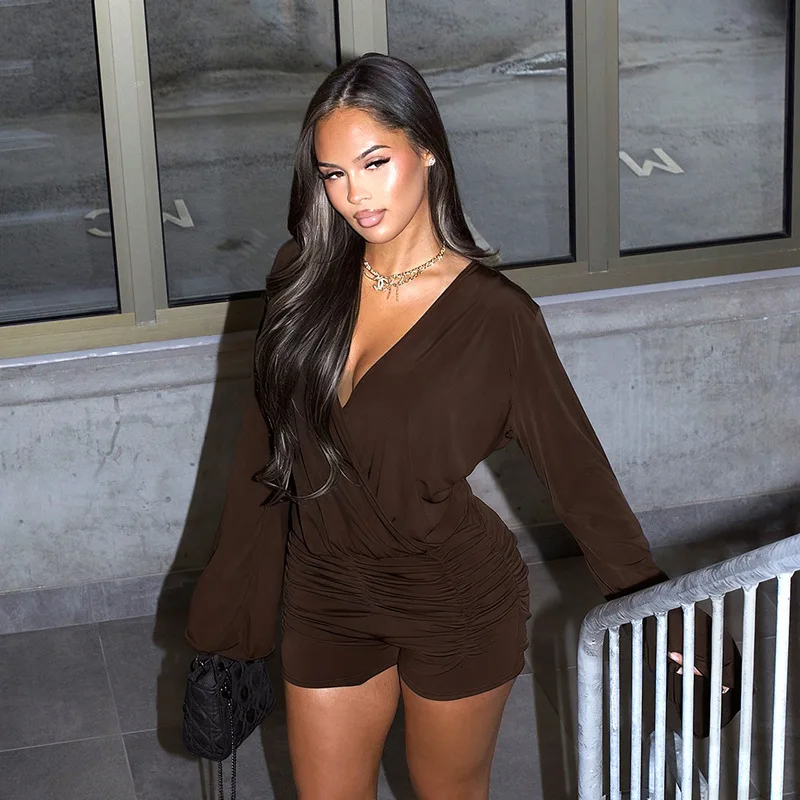 

2025 Autumn Solid Pleated Drop V Backless Bandage Skinny Rompers Women Full Sleeve Cross Sexy Spicy Girls Hip Wrapped Playsuits