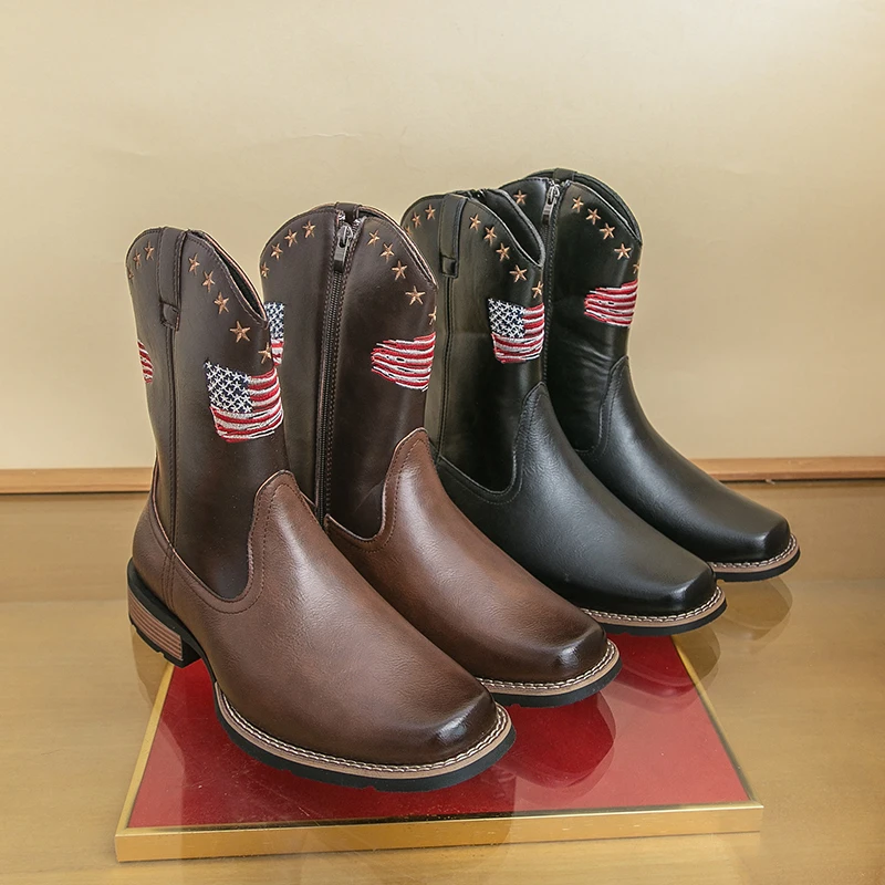 

Men's Mid-calf Western Cowboy Motorcycle Boots Men's Autumn Outdoor PU Leather Totem Medical Calf Boots Retro Design Men's Shoes