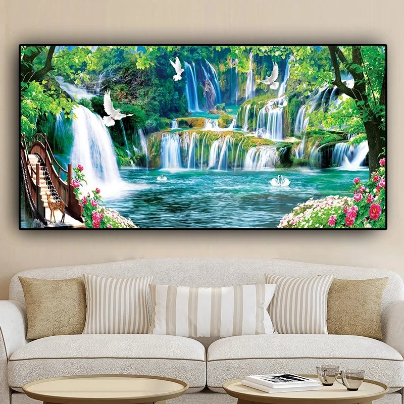 5d Diamond Painting Full Drill Dove Waterfall Landscape Art Diamond Embroidery Handmade Cross Stitch Room Wall Decor for Home