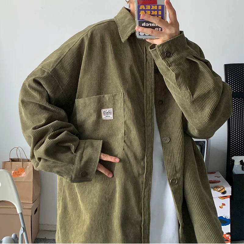 Green Men\'s Corduroy Long Sleeve Shirts Spring Autumn Korean Top Fashion Casual Vintage Loose Shirt Male Clothing Oversized 3Xl