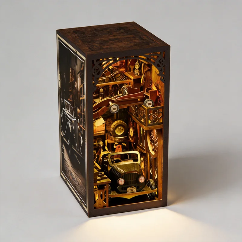 Vintage Garage Book Nook Kit Wooden DIY with LED Light Classic Car Themed Gift for Collectors Home Decor