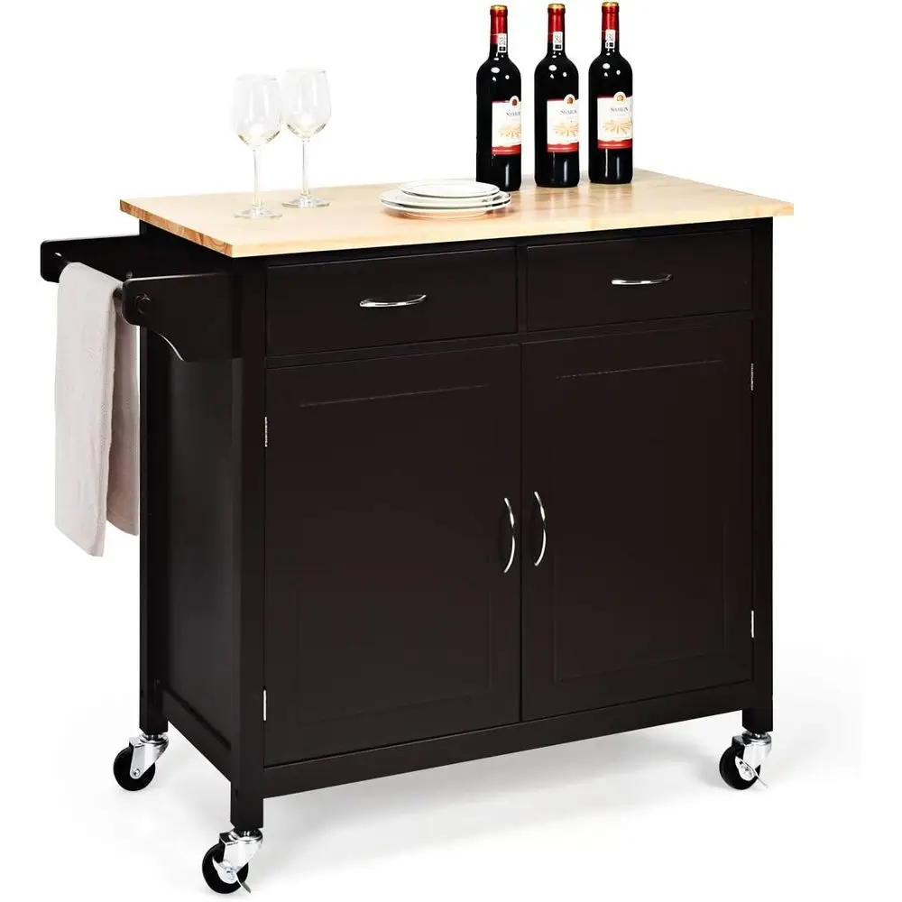 

Кухонная тележка-столик с тумбой для хранения, 2 держателями для полотенец и коричневой столешницей для организации пространства в столовой