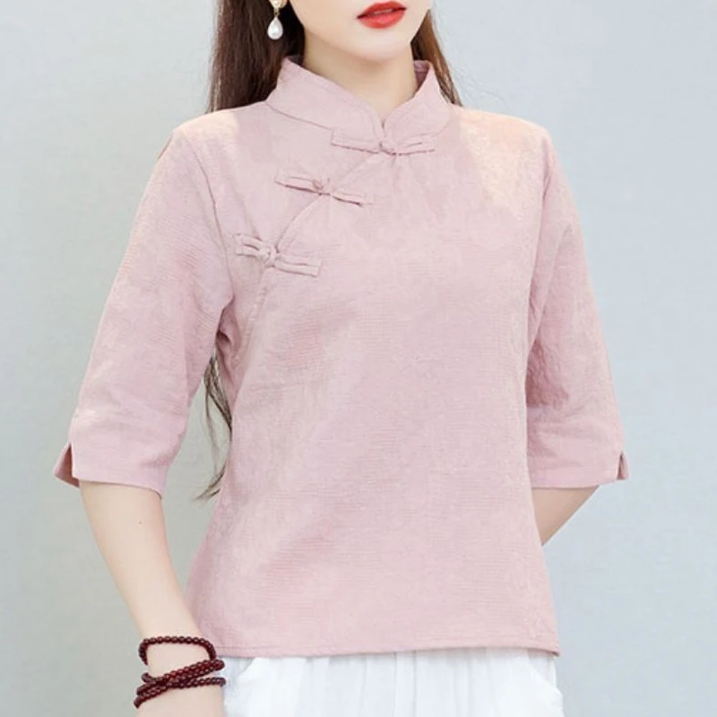 2023 Summer New Cotton Hemp Chinese Style Shirt Women Round Neck Half Sleeve Solid Color Pullovers Fashion Casual All-match Tops
