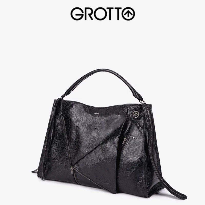 GROTTO Lapel Bag Genuine Leather Large Capacity Commuter Biker Style Handheld, Single-Shoulder, Crossbody Bag